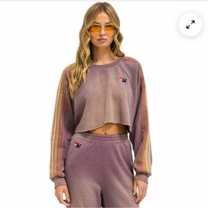 Aviator Nation CLASSIC STRIPE CROPPED CREW SWEATSHIRT RELAXED - FADED MOCHA